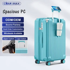 2025 Factory New Design PC Aluminum Trolley Luggage Carry-on Travelling Bags with Cup Holder USB Charging Suitcase